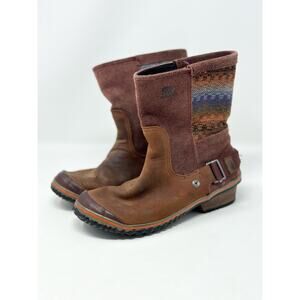 Sorel Slimshortie Madder Blanket Brown Leather Boots Size 7